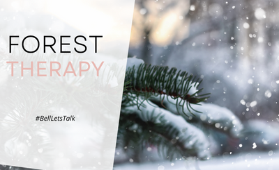 Picture of snow on a tree branch promoting the Forest Therapy event for Bell Let's Talk Day on January 26.